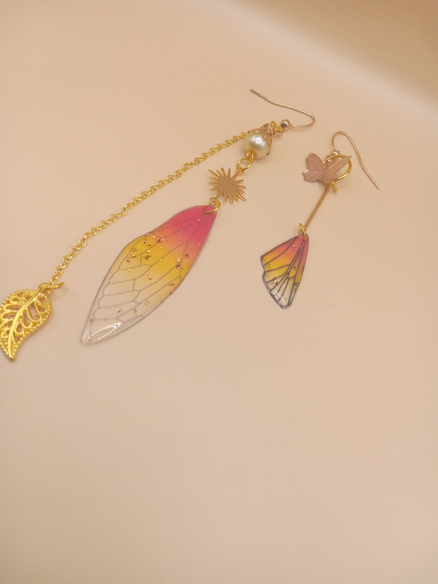 Irregular Amber Sunset Fairy Wing Dangle Earrings