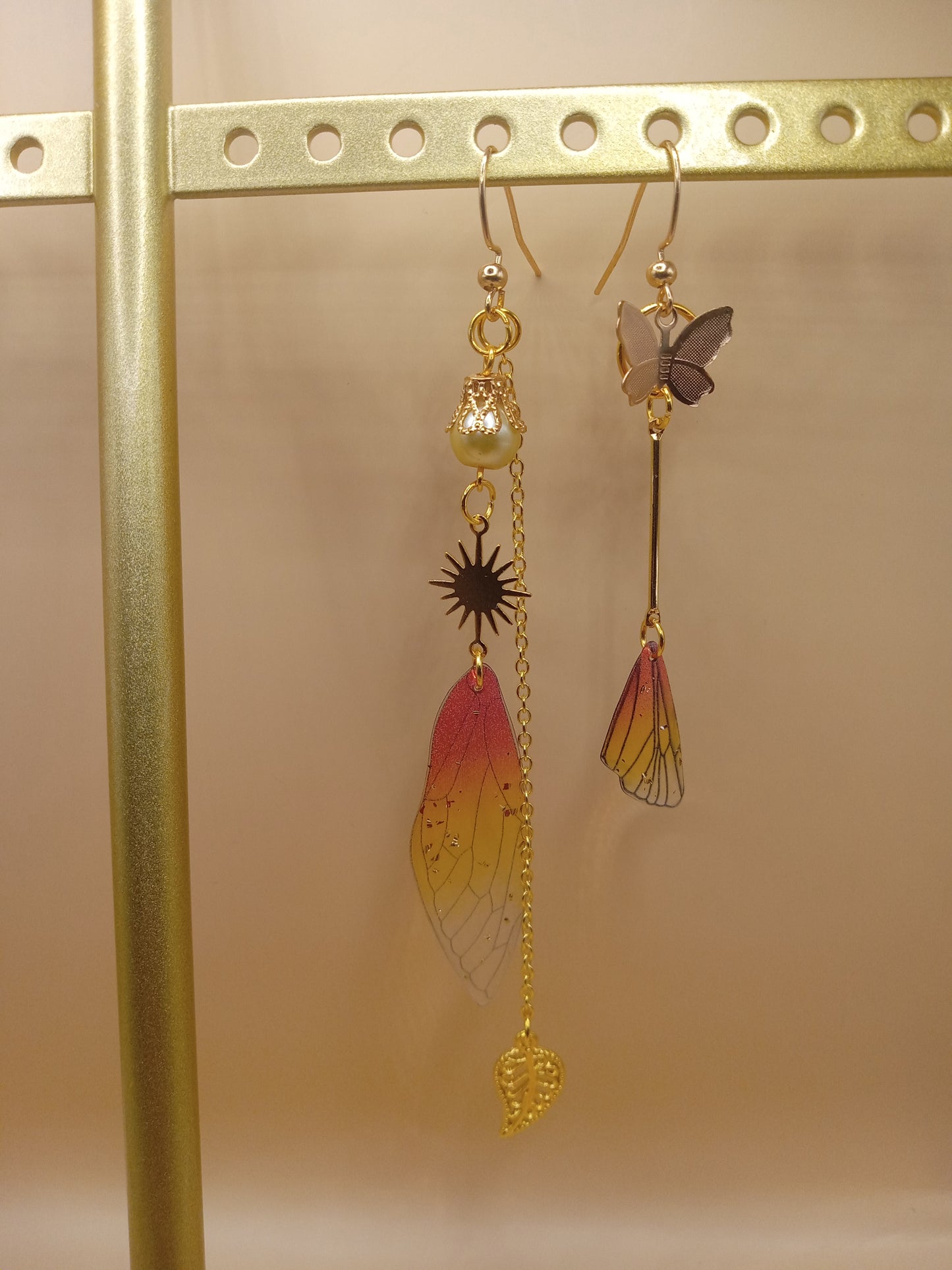 Irregular Amber Sunset Fairy Wing Dangle Earrings