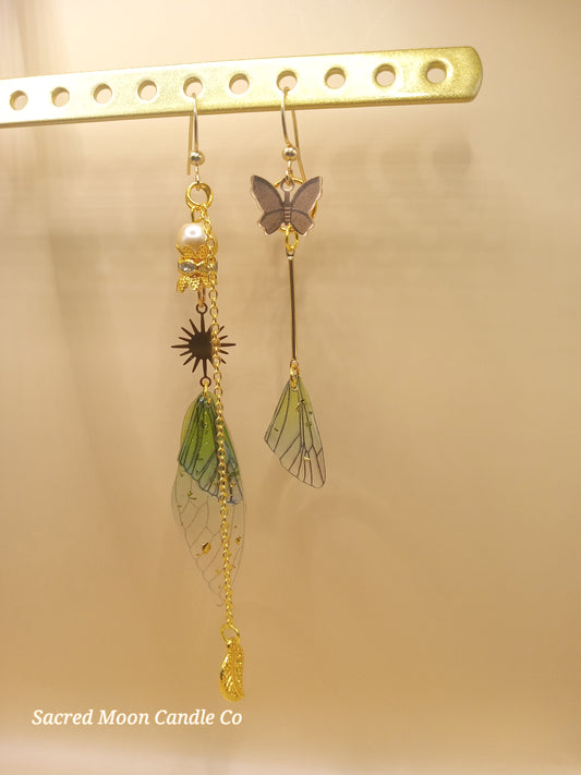 Irregular Green Fairy Wing Dangle Earrings