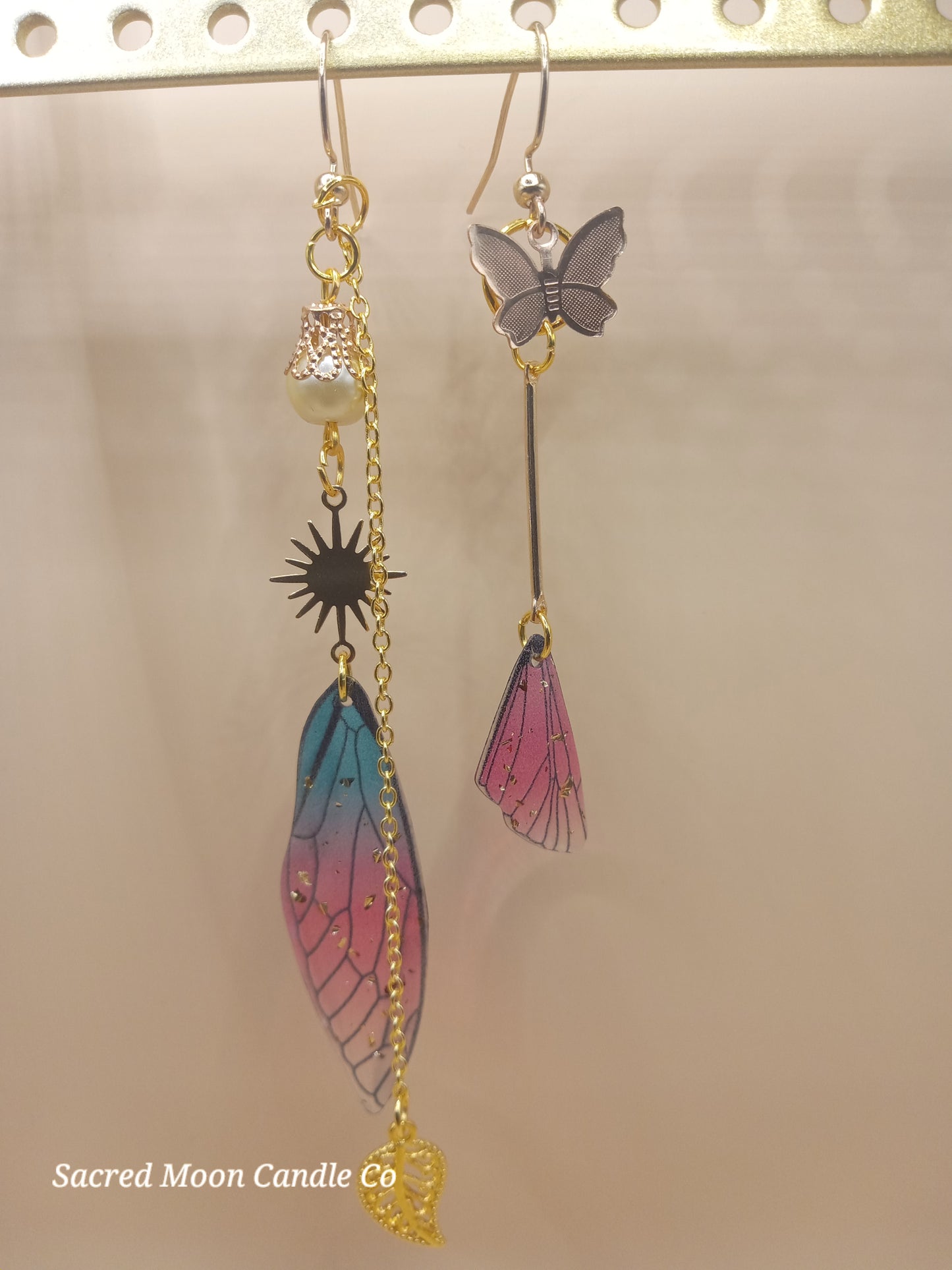 Irregular Blue and Magenta Fairy Wing Earrings