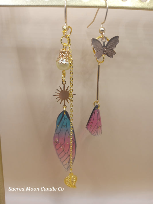 Irregular Blue and Magenta Fairy Wing Earrings