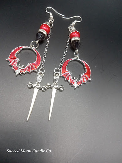 Edgy Red and Black Bat and Sword Dangle Earrings