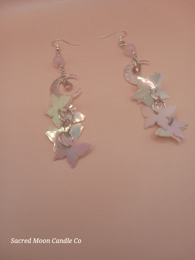 Rose Quartz Moon and Holographic Butterfly Charm Dangle Earrings