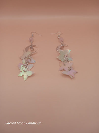 Rose Quartz Moon and Holographic Butterfly Charm Dangle Earrings