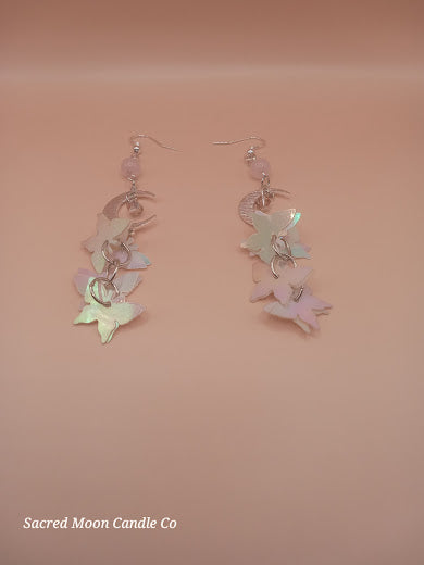 Rose Quartz Moon and Holographic Butterfly Charm Dangle Earrings