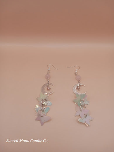 Rose Quartz Moon and Holographic Butterfly Charm Dangle Earrings