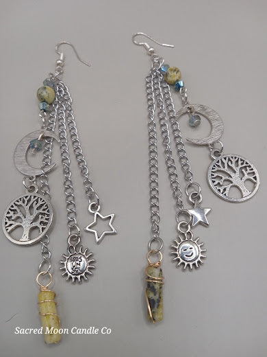 Cycles of Life Crescent Moon and Tree of Life Yellow Turquoise Dangle Earrings