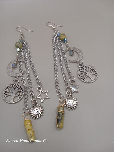 Cycles of Life Crescent Moon and Tree of Life Yellow Turquoise Dangle Earrings