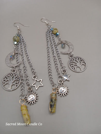 Cycles of Life Crescent Moon and Tree of Life Yellow Turquoise Dangle Earrings