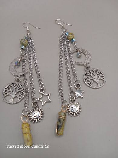 Cycles of Life Crescent Moon and Tree of Life Yellow Turquoise Dangle Earrings