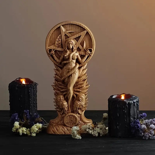 Sacred Moon Candle Co carved wooden Lilith goddess altar statue with owls pentagram and black candles