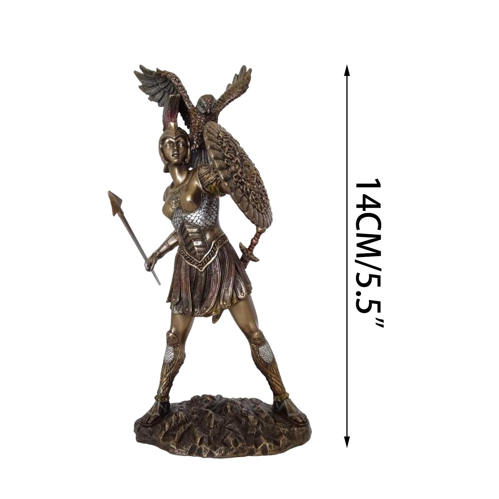 Sacred Moon Candle Co bronze Athena goddess statue holding spear with shield and owl on rocky base 14 cm tall