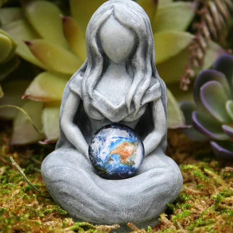 Sacred Moon Candle Co earth goddess Figurine gray stone seated altar statue holding Earth orb