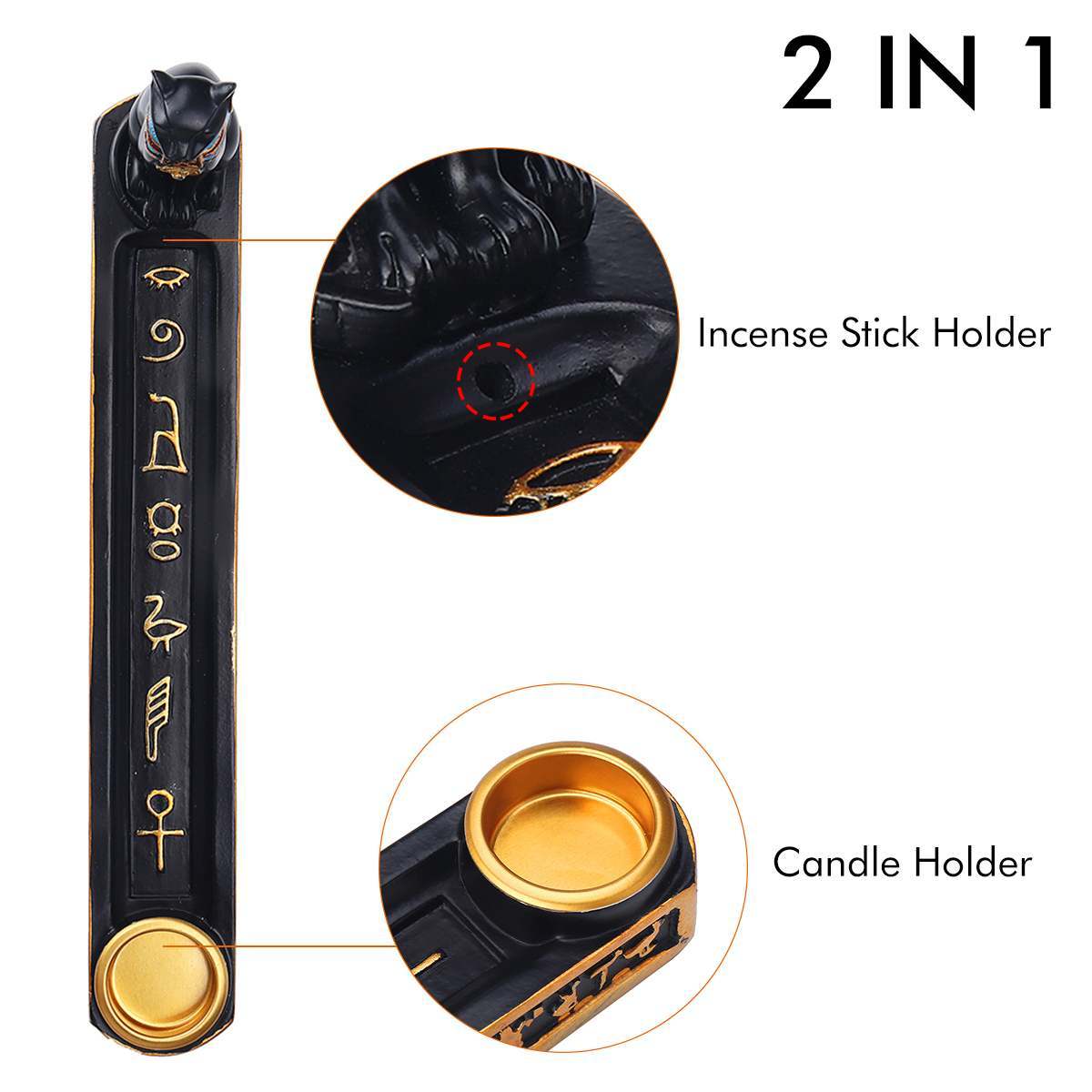 Sacred Moon Candle Co Bastet incense burner 2 in 1 black cat incense stick holder with gold candle holder