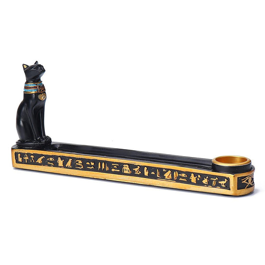 Sacred Moon Candle Co Bastet incense burner with black cat figure and gold Egyptian hieroglyphics