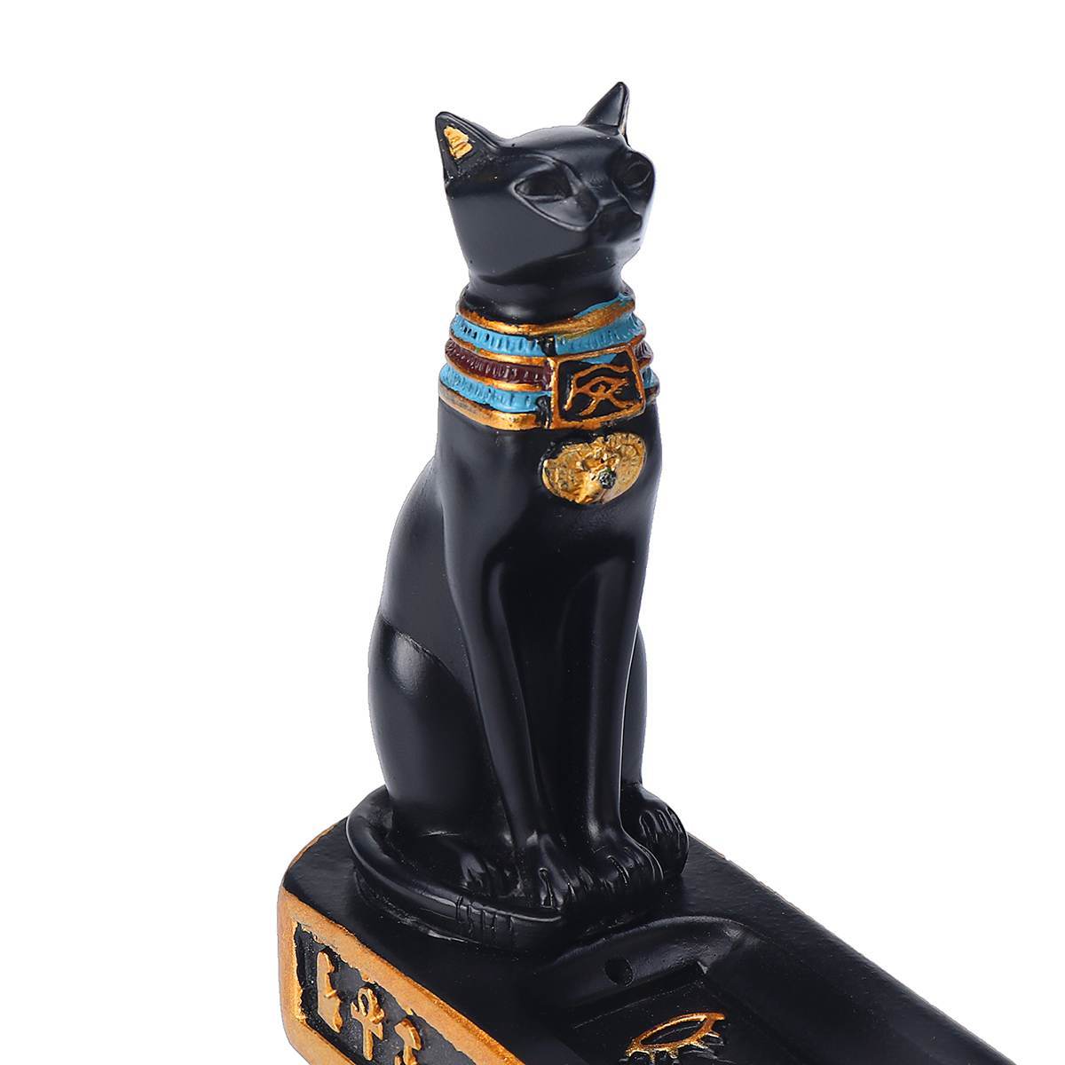 Black Bastet incense burner in cat shape with gold and turquoise details from Sacred Moon Candle Co