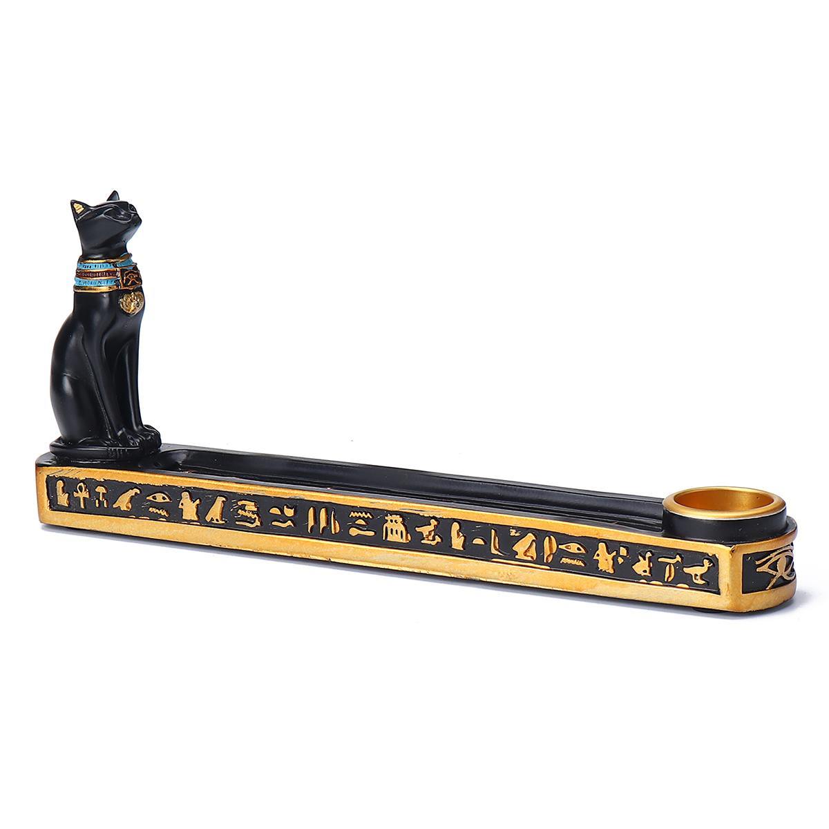 Sacred Moon Candle Co Bastet incense burner with black cat figure and gold Egyptian hieroglyph design