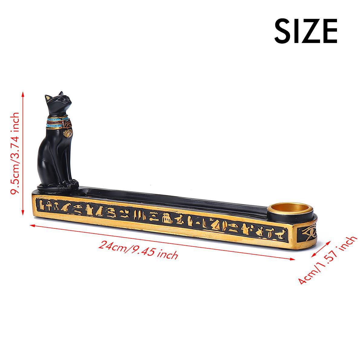 Sacred Moon Candle Co Bastet incense burner black cat design with Egyptian hieroglyphs and candle holder