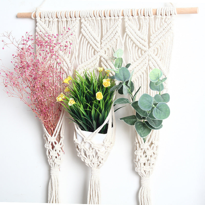 bohemian woven tapestry plant rack macrame wall hanging with three cream hanging planters and mixed faux plants