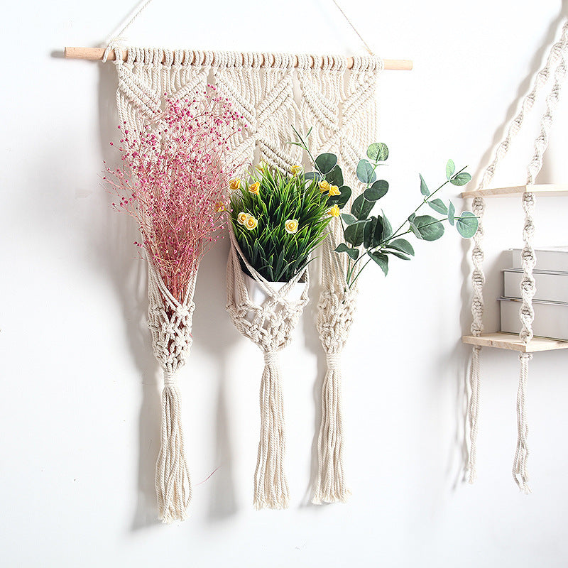 bohemian woven tapestry plant rack macrame wall hanging with three cream plant holders and tassels