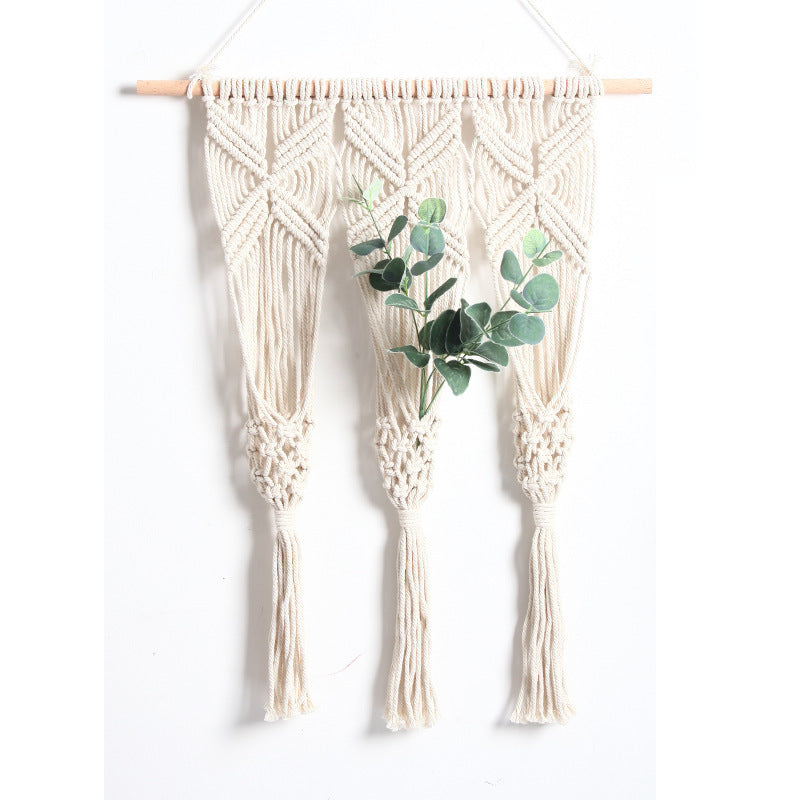 Sacred Moon Candle Co bohemian woven tapestry plant rack macrame wall hanging with three cream cotton pockets and tassels