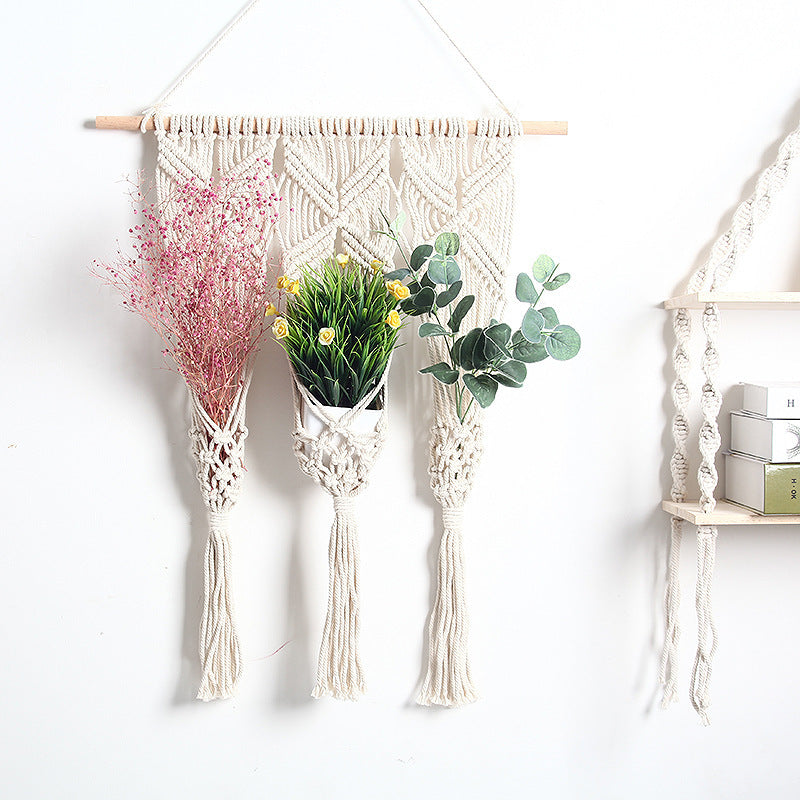 Sacred Moon Candle Co bohemian woven tapestry plant rack macrame wall hanging with three plant pockets