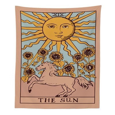 Sacred Moon Candle Co wall tapestry with a large sun face, sunflowers and prancing horse the sun, moon, and star tapestries