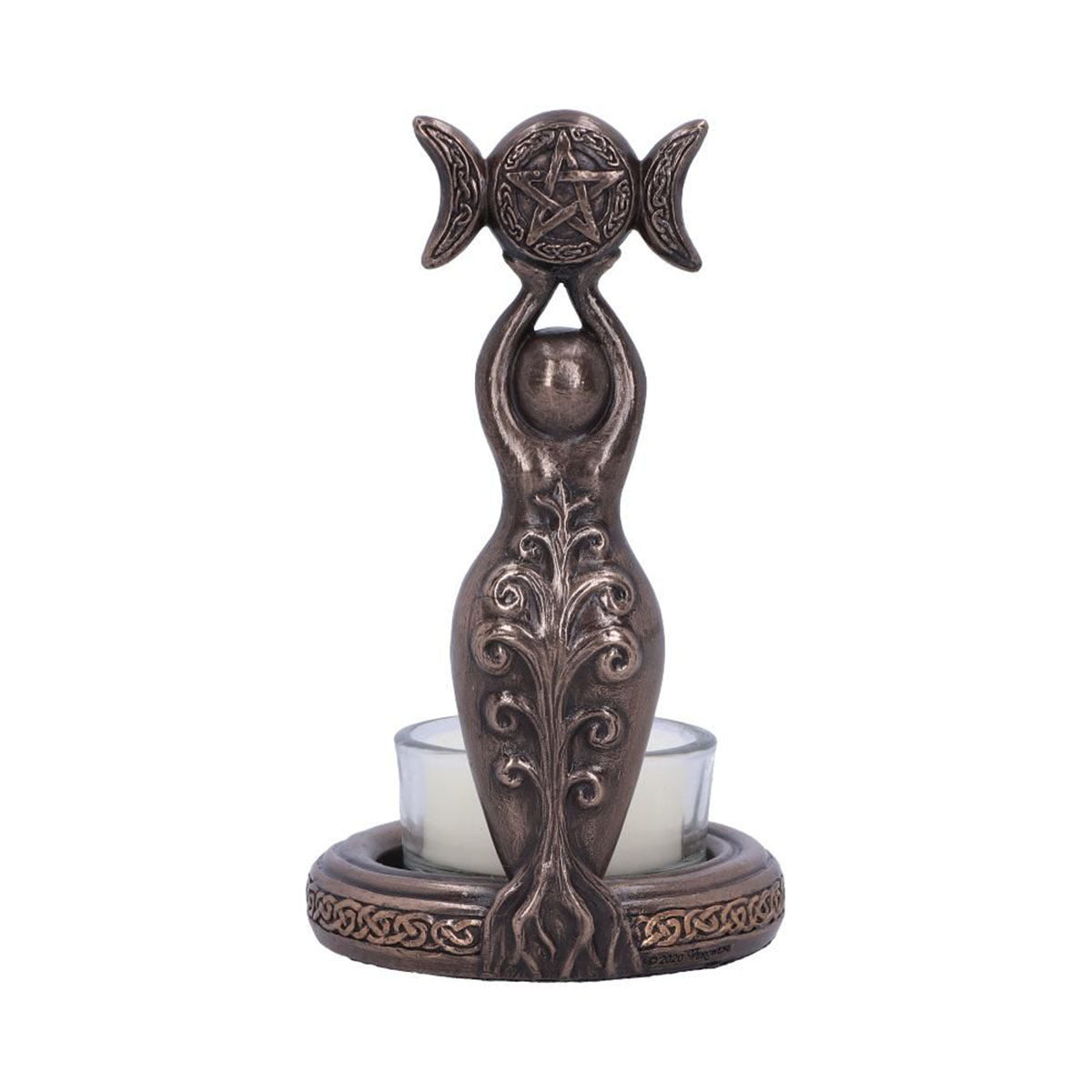 Bronze Sacred Moon Candle Co triple moon goddess tea light candle holder with pentacle and Celtic base