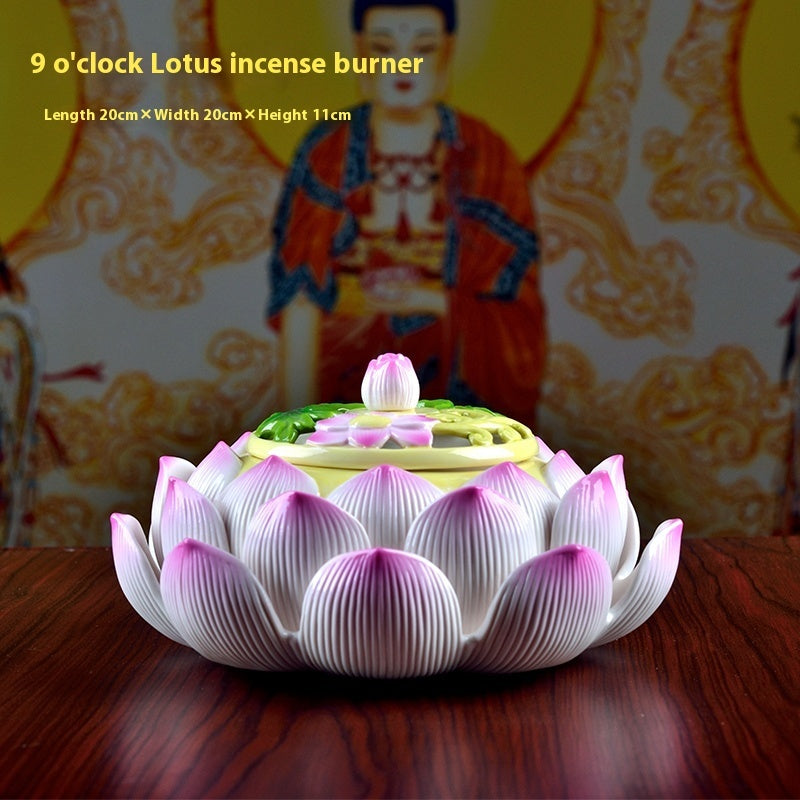 Sacred Moon Candle Co ceramic lotus incense burner with pink and white petals on wooden surface