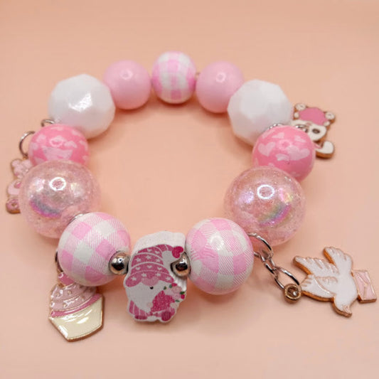 Cottagecore bubblegum bead bracelet stack with pink and white beads and cute charm accents