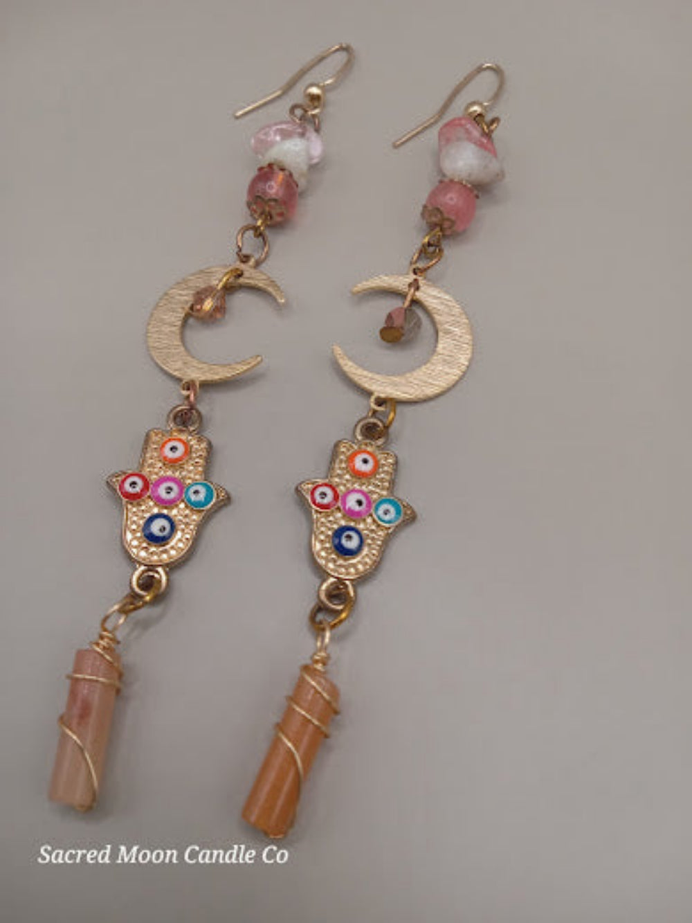 Crescent moon hamsa earrings wire wrapped peach aventurine with colorful accents by Sacred Moon Candle Co