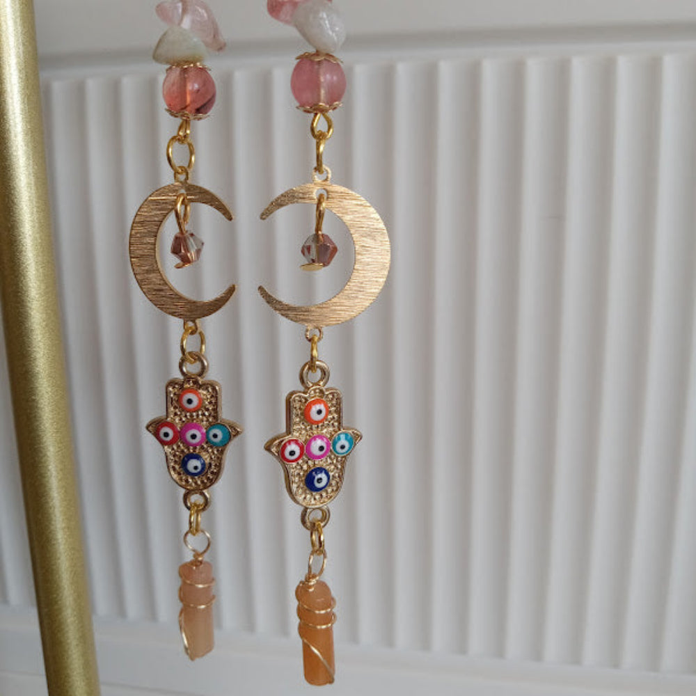 crescent moon hamsa earrings wire wrapped peach aventurine by Sacred Moon Candle Co with gold crescent and colorful detail