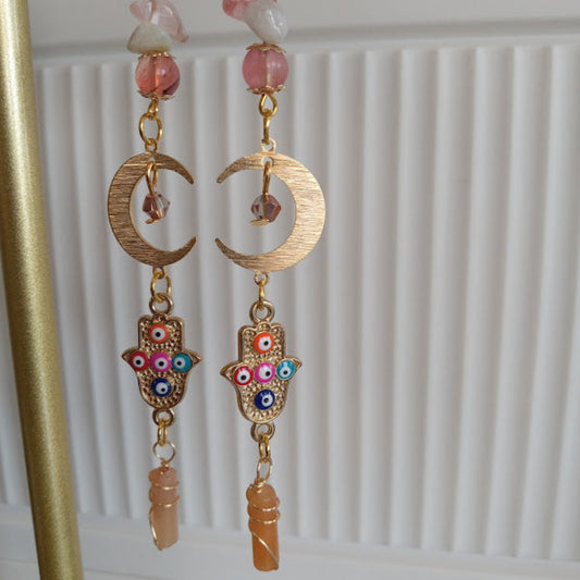 crescent moon hamsa earrings wire wrapped peach aventurine by Sacred Moon Candle Co with gold crescent and colorful detail