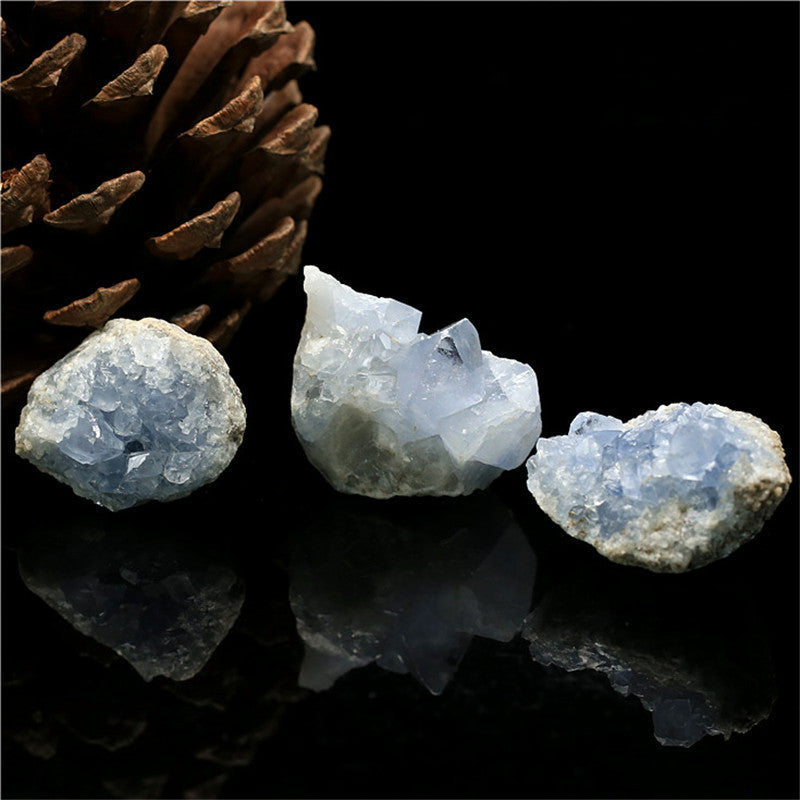 Sacred Moon Candle Co celestite kyanite crystal stone trio of raw pale blue healing crystals on black