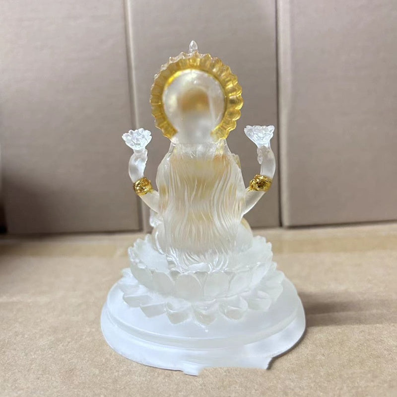 Lakshmi resin altar statue translucent opalescent white resin seated on lotus with gold halo and lotus flowers