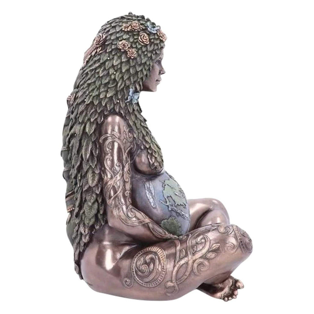 Mother Earth goddess statue seated pregnant with globe belly leaf hair floral crown bronze finish
