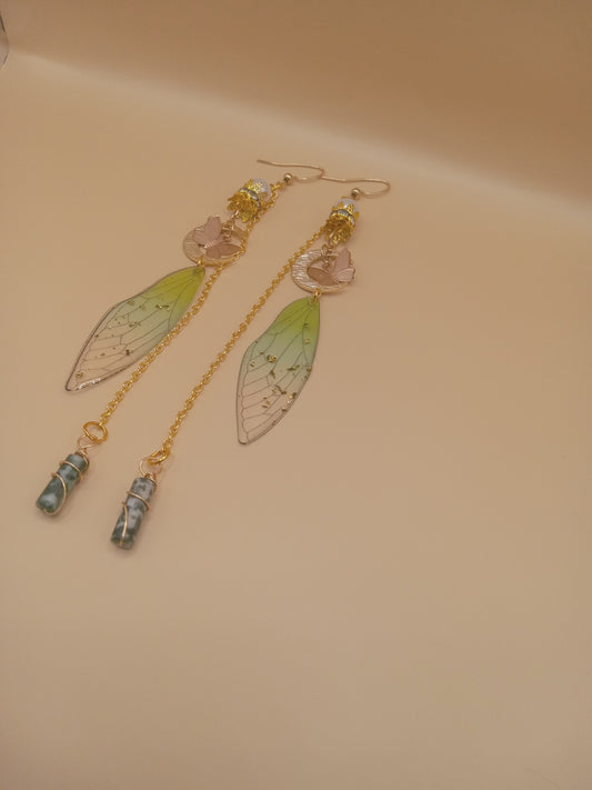 Sacred Moon Candle Co green fairy wing dangle earrings with gold chains rose moon accents and green wing charms