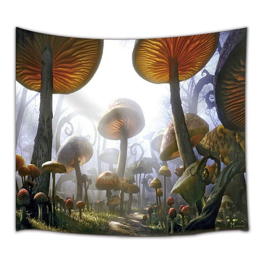 Sacred Moon Candle Co mushroom tapestry wall hanging featuring large fantasy forest mushrooms and misty path