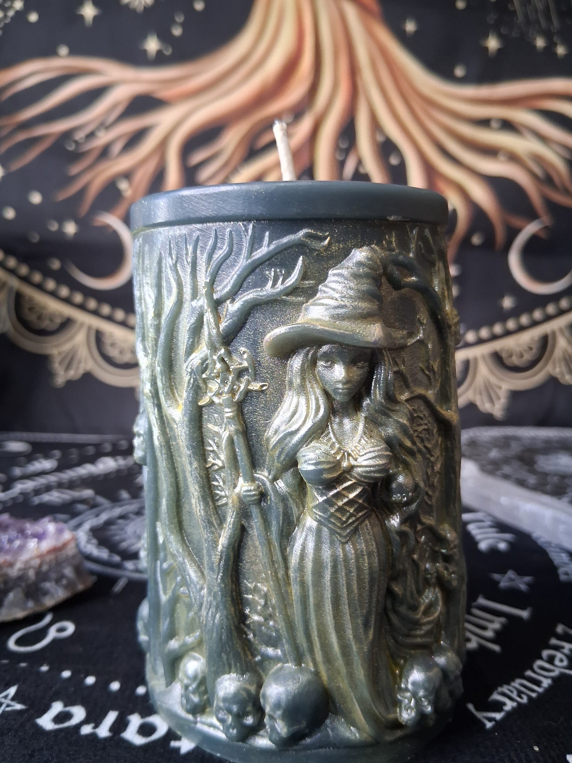 Sacred Moon Candle Co forest witch ritual candle with detailed witch figure and tree design