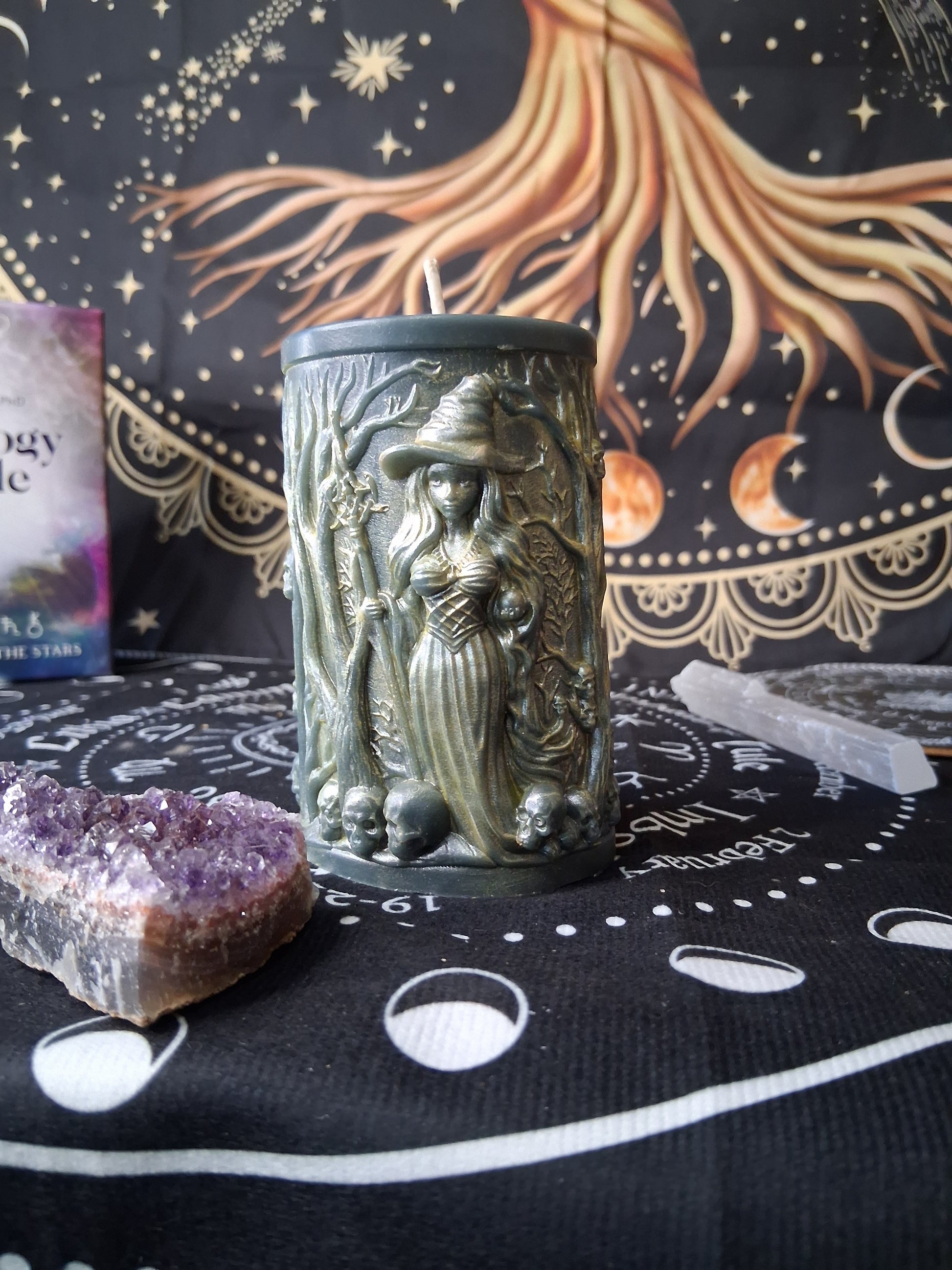 Sacred Moon Candle Co forest witch ritual candle with detailed witch design and mystical decor