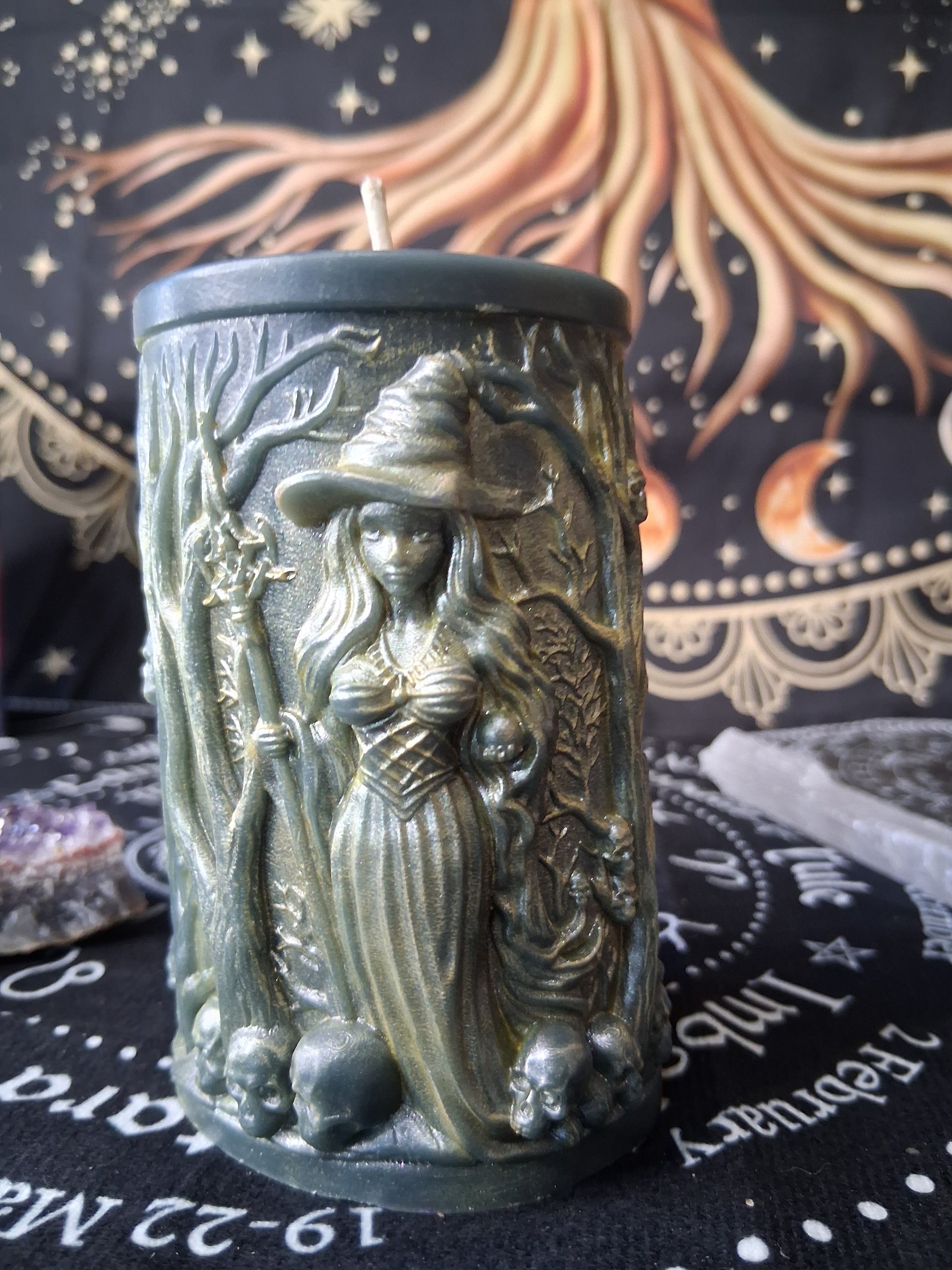 Sacred Moon Candle Co forest witch ritual candle with detailed witch figure and mystical forest design