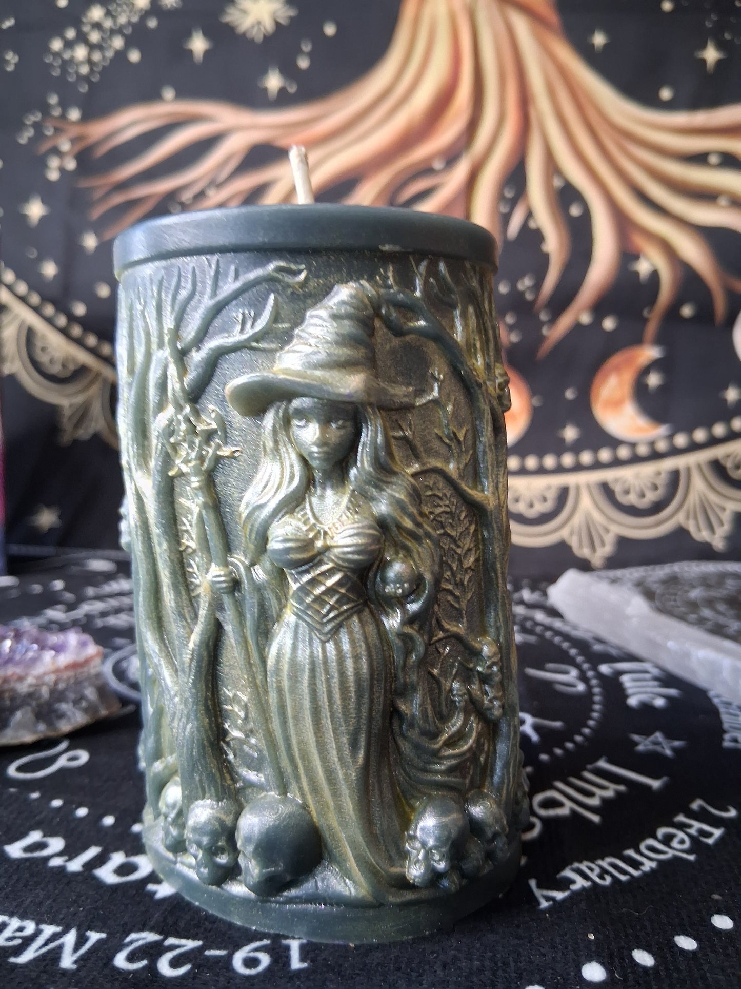 Sacred Moon Candle Co forest witch ritual candle with detailed witch figure in a mystical setting