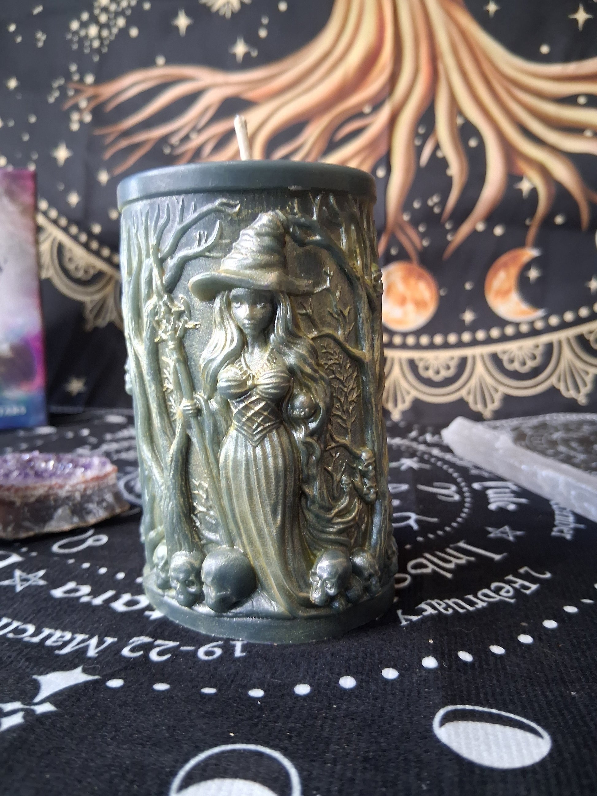 Sacred Moon Candle Co forest witch ritual candle with detailed witch design and mystical background
