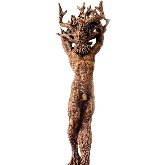The Green Man Woman Statue brown resin tree spirit altar statue with antler crown and raised arms