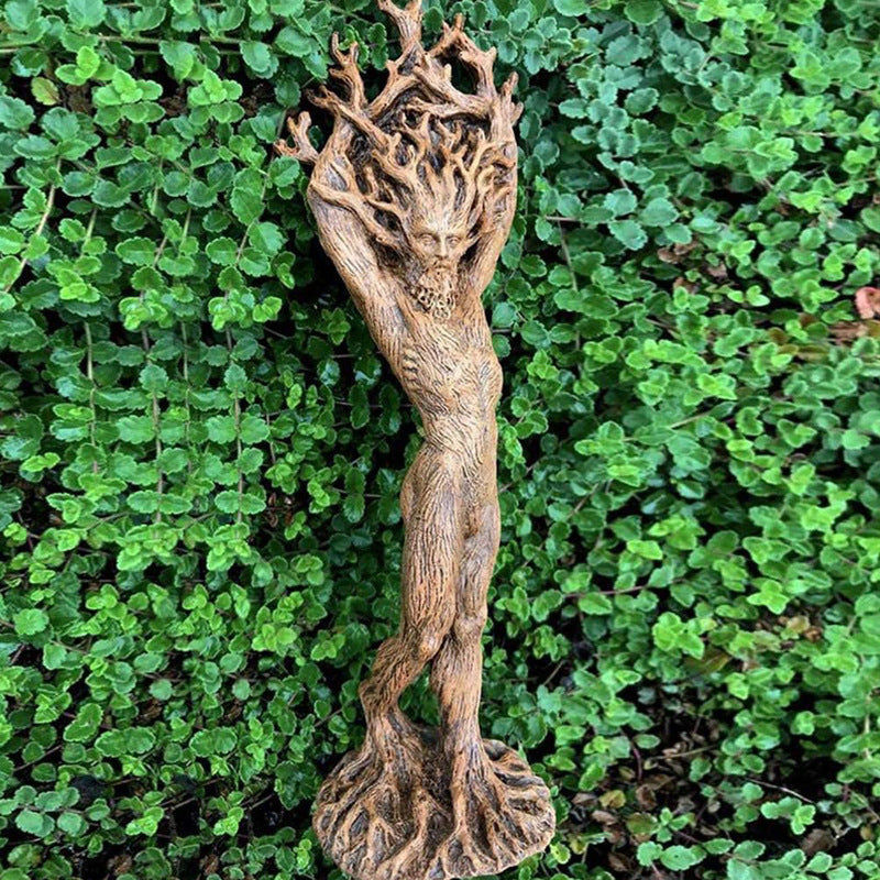 Sacred Moon Candle Co The Green Man Woman Statue wood carved tree spirit figure with raised branch arms standing on root base