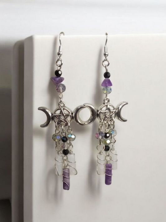 Sacred Moon Candle Co silver triple moon goddess earrings with pentacle charms and purple bead accents