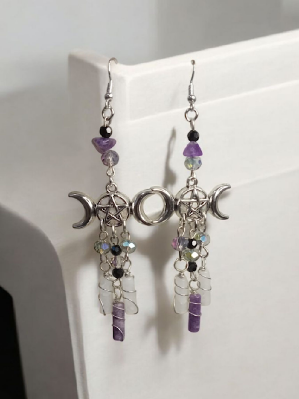 Sacred Moon Candle Co silver triple moon goddess earrings with amethyst and crystal bead dangles