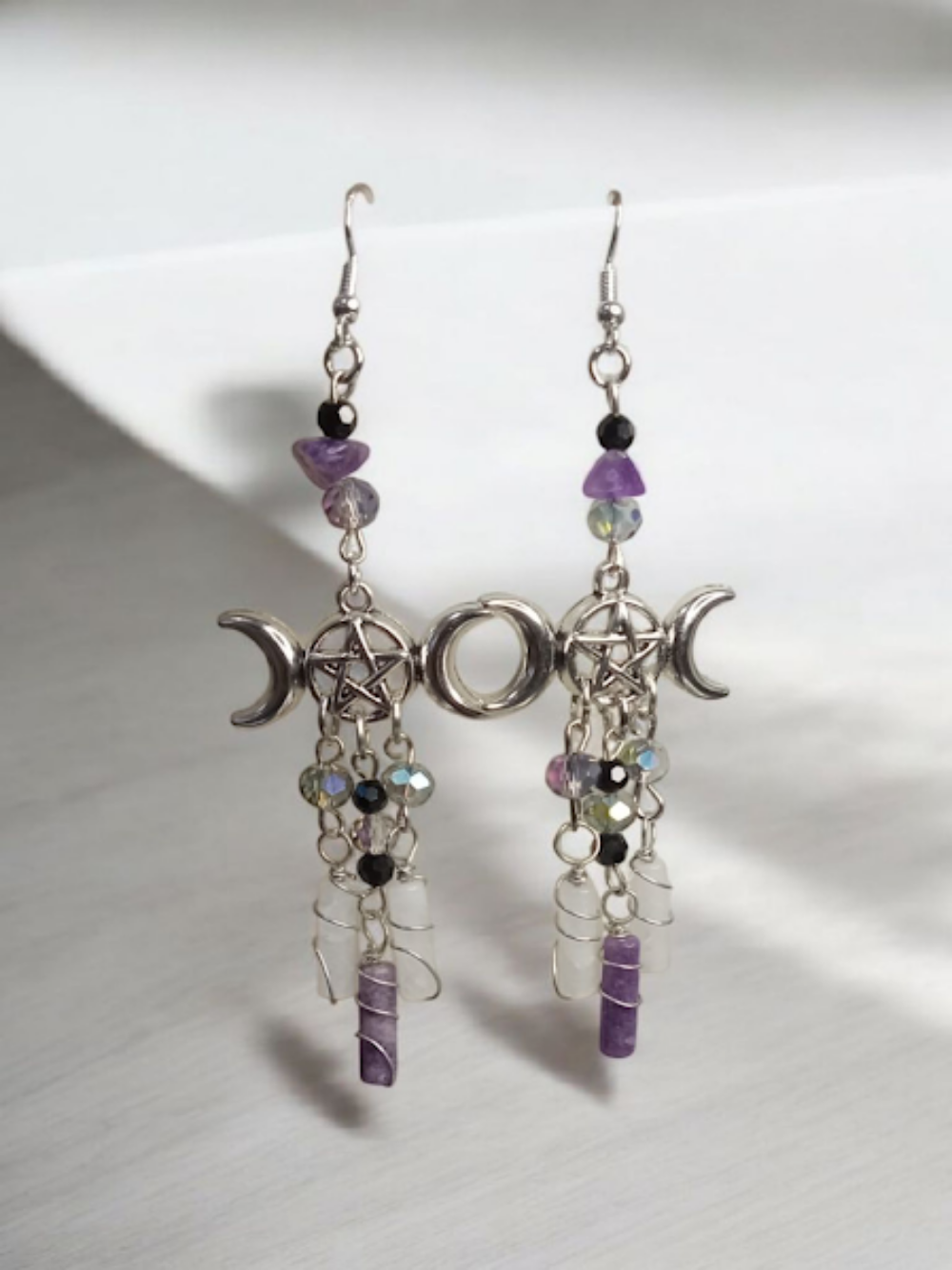 Sacred Moon Candle Co triple moon goddess earrings with amethyst stones and dangling beads