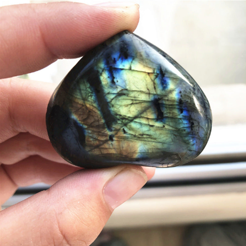 Handheld Sacred Moon Candle Co polished labradorite heart crystal for altar tools meditation with blue flash