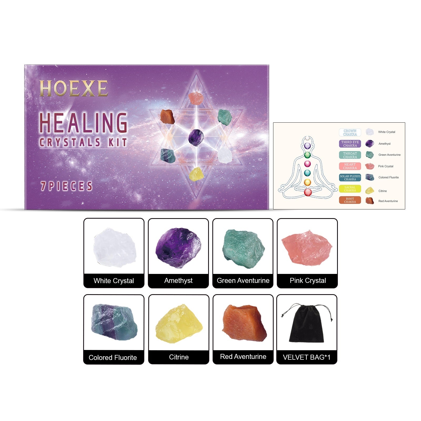 Chakra crystal set for beginners featuring seven healing crystals including amethyst and citrine with velvet storage bag